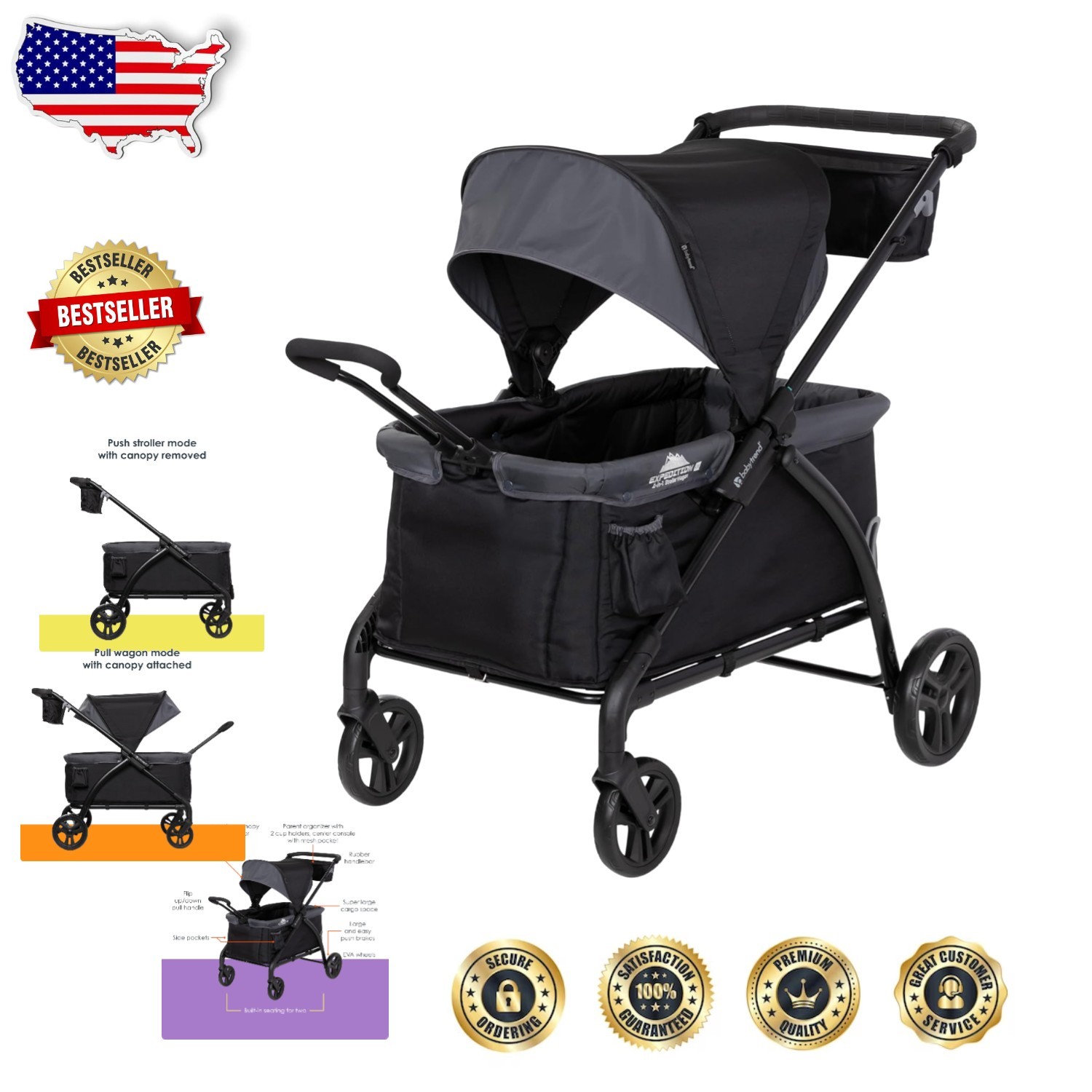 Versatile Expedition Stroller Wagon 2 Seating Options Foldable Canopy 2 Kids