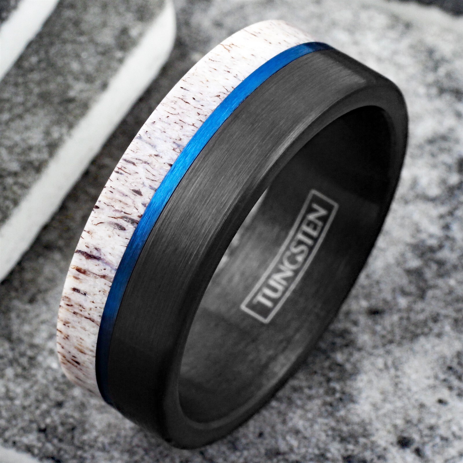 Black Tungsten Carbide Men's Ring Deer Antler w/ Blue Stripe Wedding Band