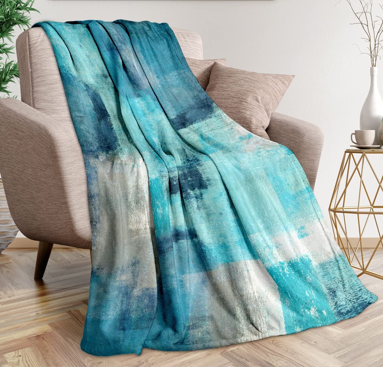 Teal Grey Throw Blanket Turquoise Abstract Art Ultra-Soft Cozy Fleece Blanket...
