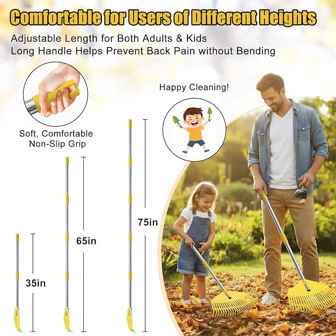 Plastic Leaf Rake Lightweight Nylon Head 16.5 Inch Adjustable Handle Garden Tool