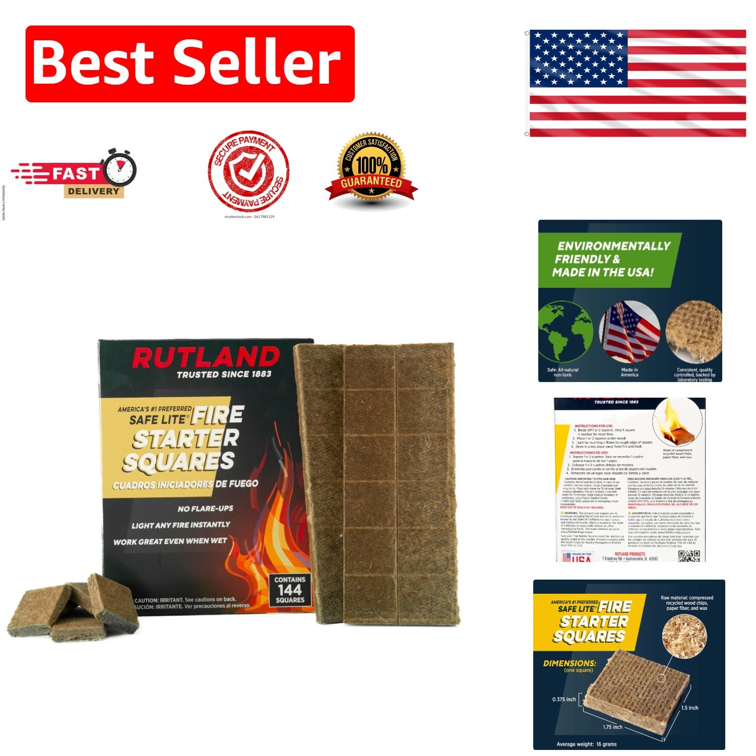 Safe Lite Fire Starter Squares - 144 Odorless Charcoal Starters for Camps