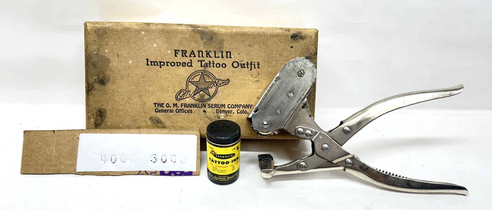 vintage USA made Improved FRANKLIN TATTOO OUTFIT Pin Numbers Livestock Vet Ear
