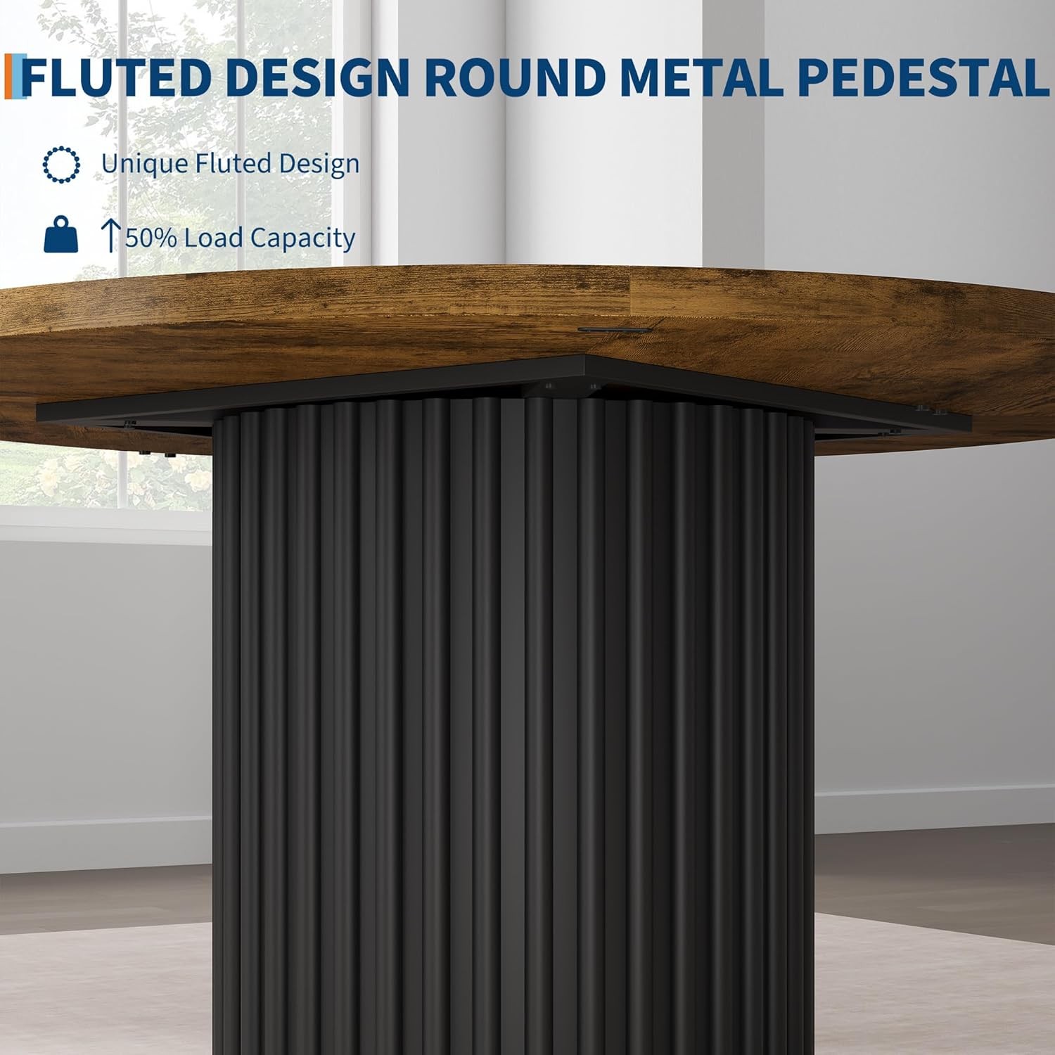 Round Dining Table 47", Wooden Kitchen Table Waveform Metal Base for Apartment