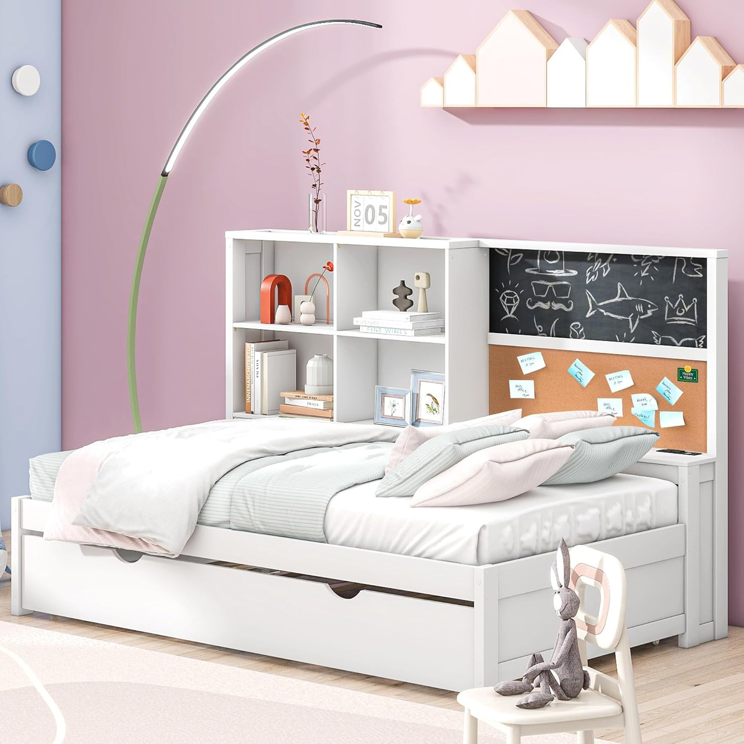 Stylish Twin Daybed with Trundle, Storage, Blackboard & USB Ports - White