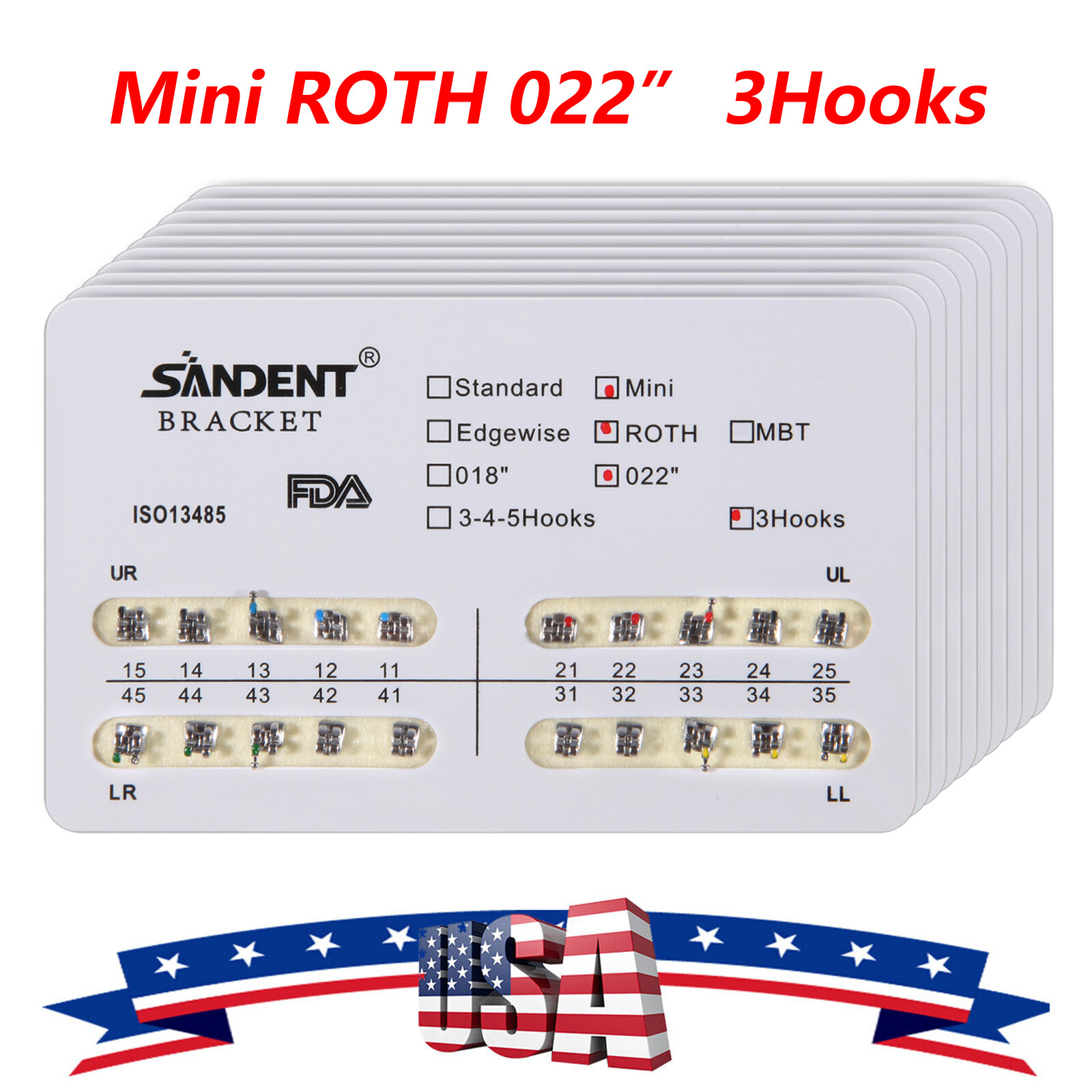 SANDENT 10 Packs Orthodontic Dental Brackets Braces Mini Roth.022 3 Hooks