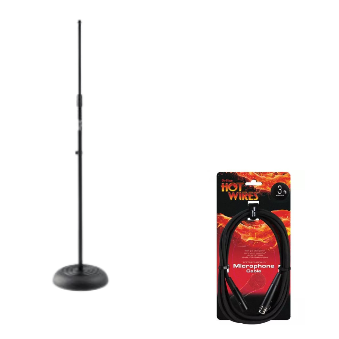 Round-Base Mic Stand + 3ft XLR Microphone Cable Bulk Vocal Studio Bundle