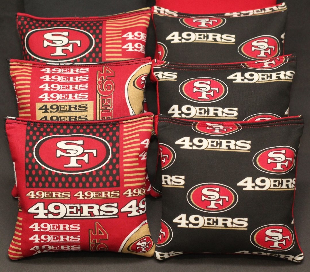 CORNHOLE BEAN BAGS w SAN FRANCISCO 49ERS fabric 8 cornhole bags with logo NEW!!