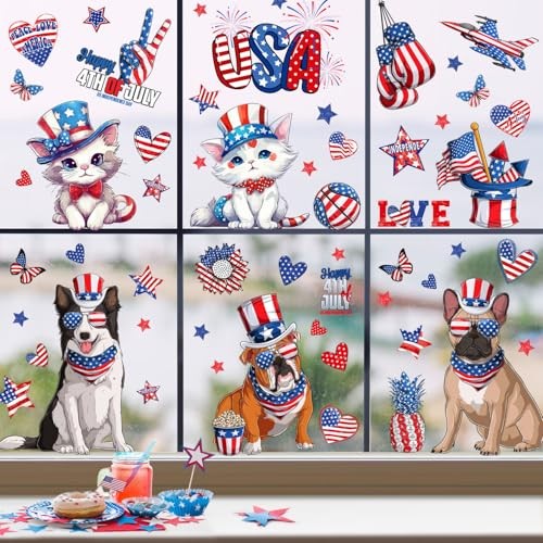 6 Sheets 4th of July Window Cling Stickers Cartoon Animals 4th of July 343