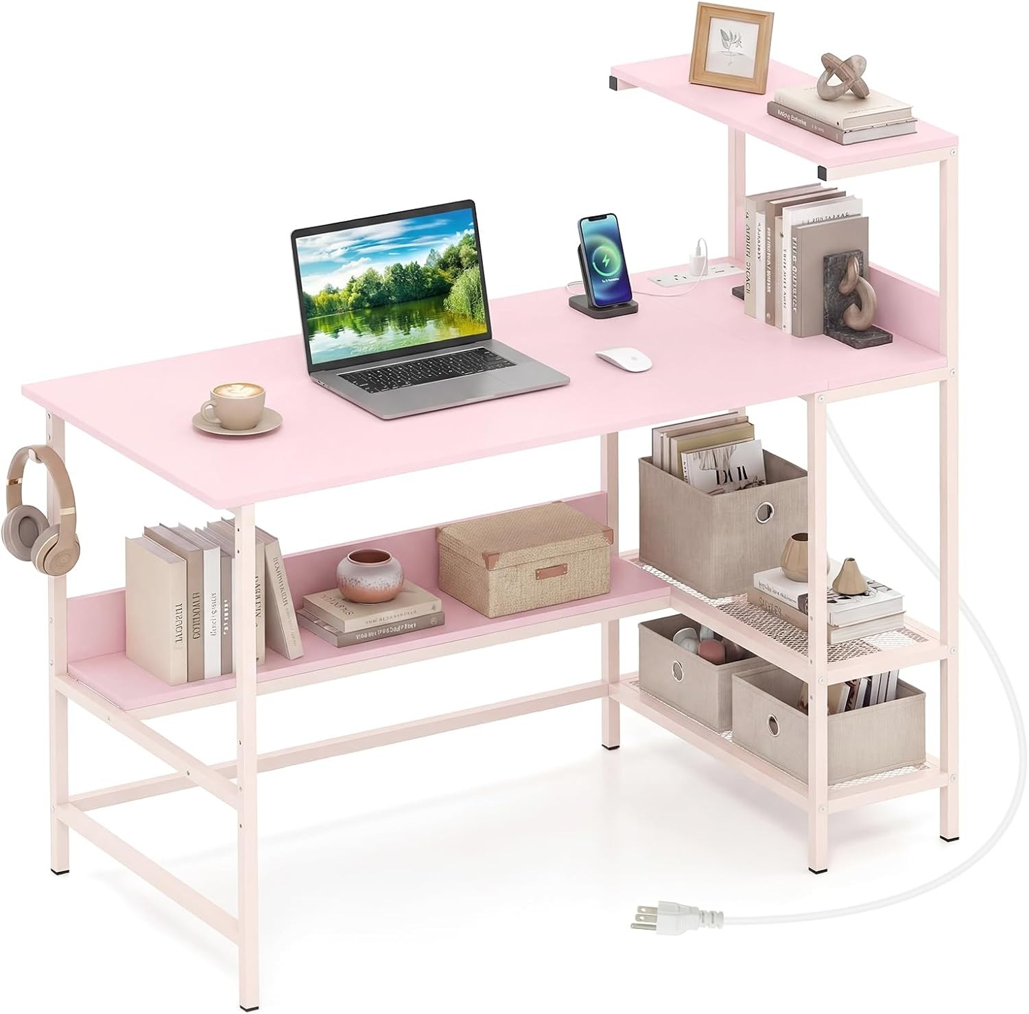 48" Reversible Computer Desk with Bookshelves, Home Office Desk with Power