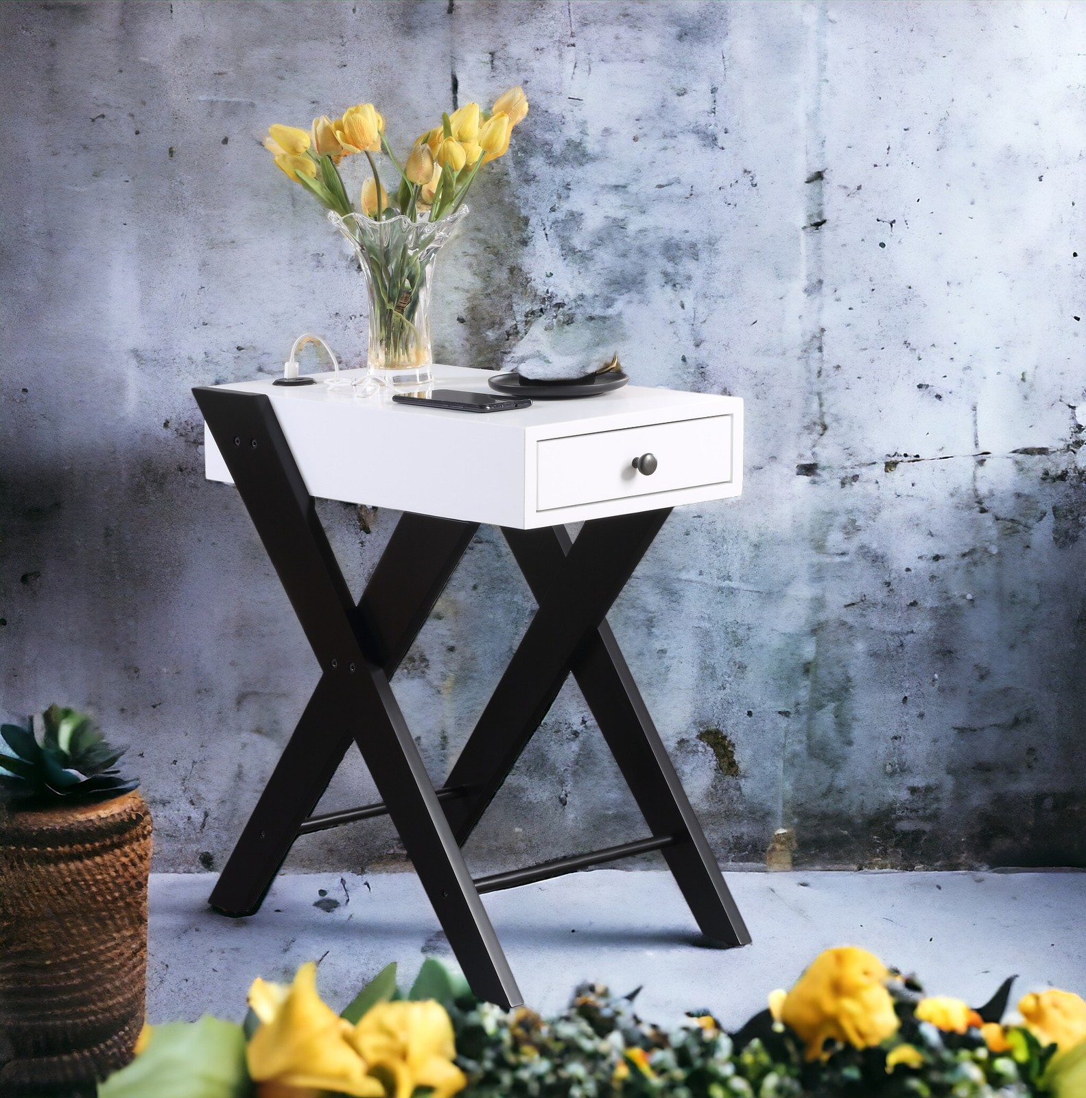 White & Black Accent Table with USB Port & Drawer, 24"H x 22"L x 13"W