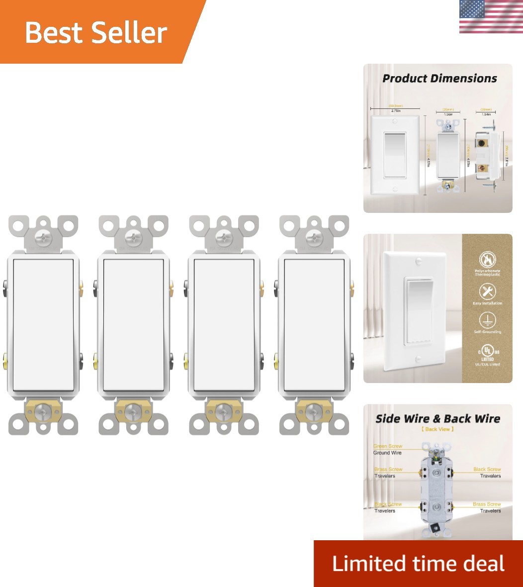 Versatile 4-Way Light Switch for Home & Business - Pack of 4, 15A 120/277V