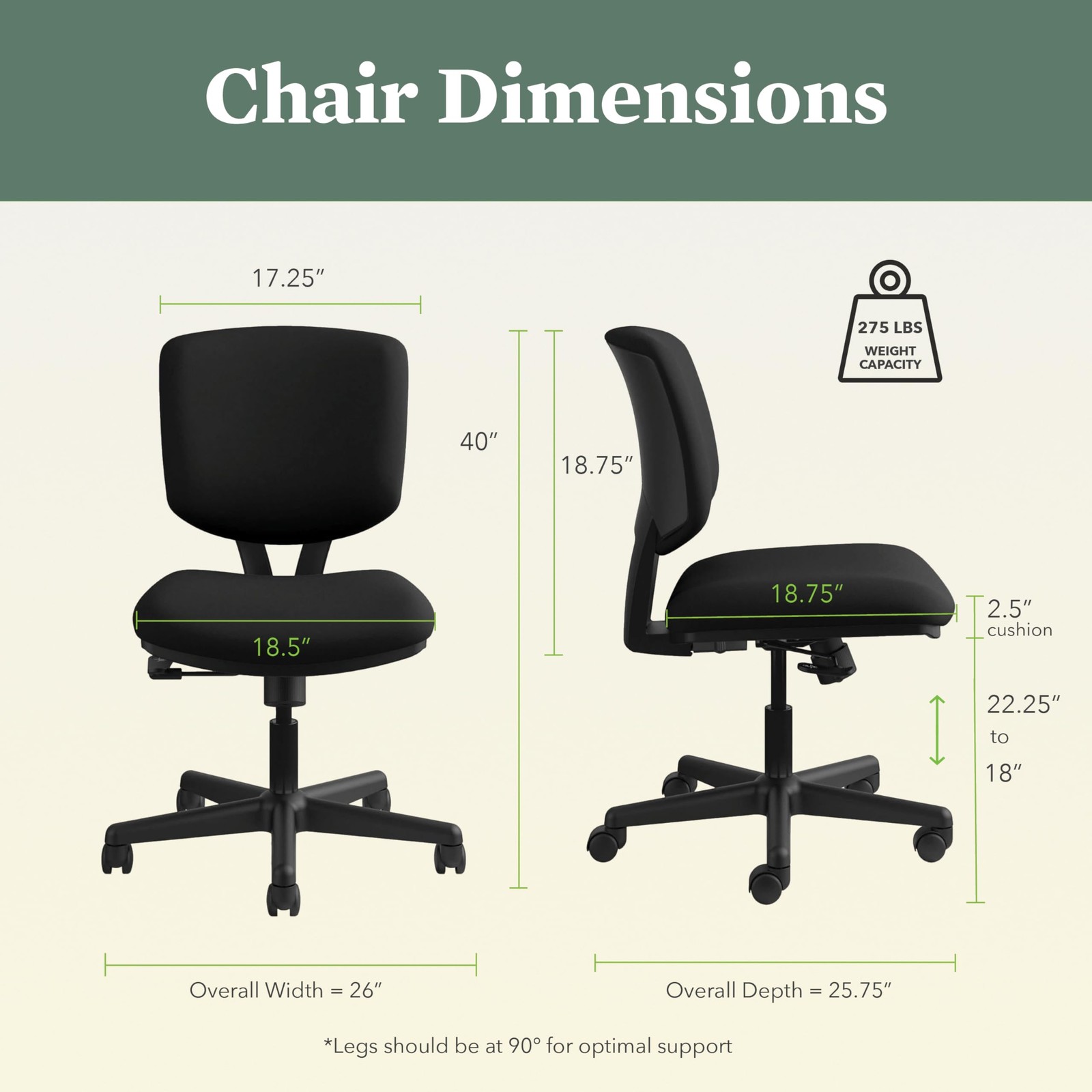Volt Armless Office Chairs with Wheels, Ergonomic Adjustable Center-Tilt Recl...