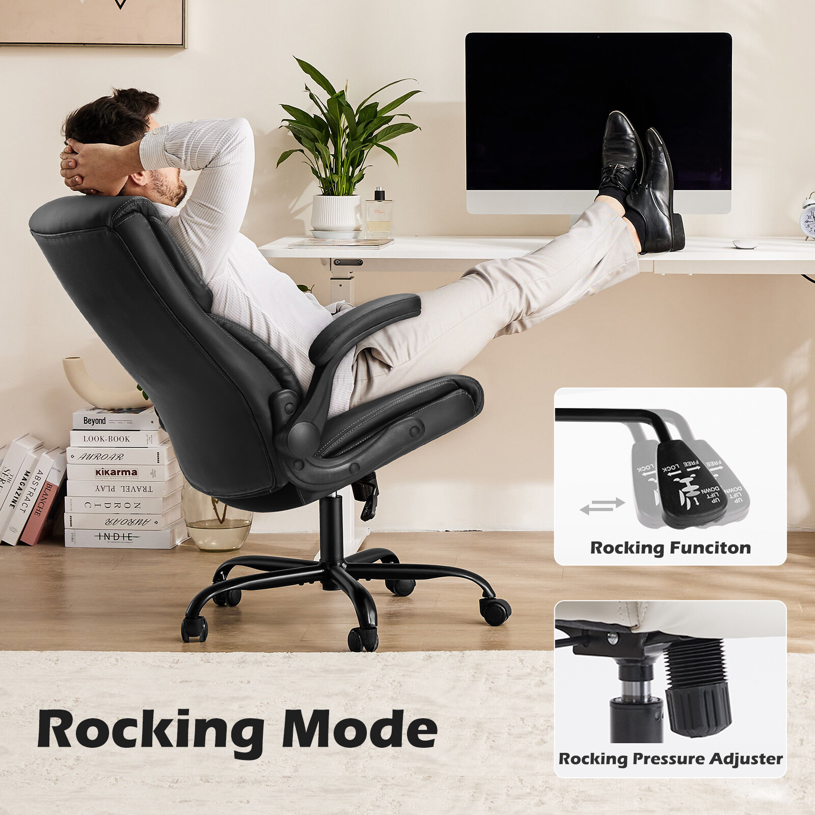 PU Ergonomic Office Chair, Height-Adjustable Swivel Boss Chair, Padded Cushion
