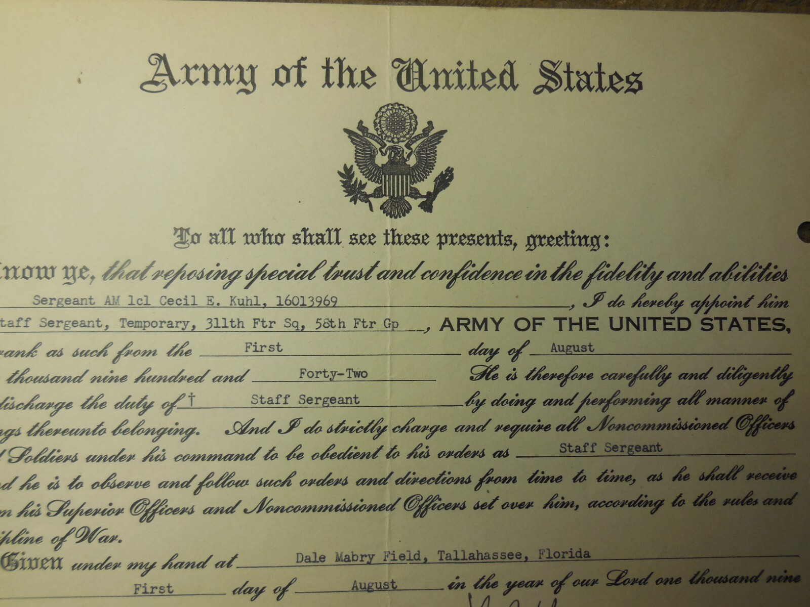 WWII 1942 USAAF Staff Sergeant Promotion Document 311th Fighter Squadron