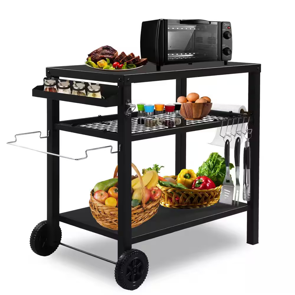Black 3-Shelf Movable Outdoor Movable Food Prep Grill Cart
