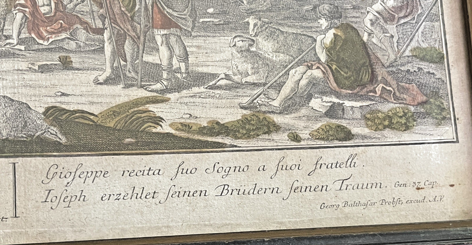 18th C Augsburg Probst Hand Colored Engraving Joseph Biblical Scene