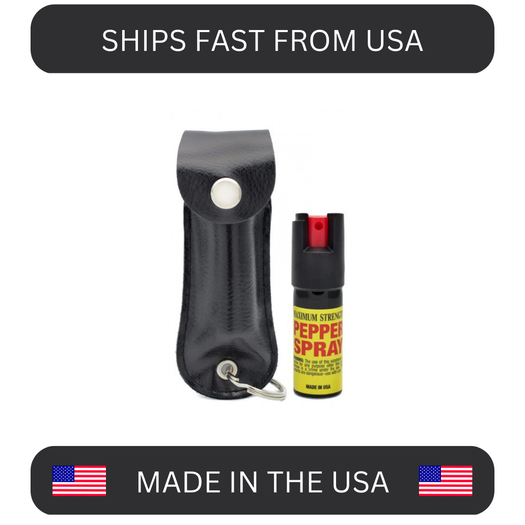 Pepper Spray + Black Holster + Key Ring, Twist Lock, Up to 12 Ft Range - Black