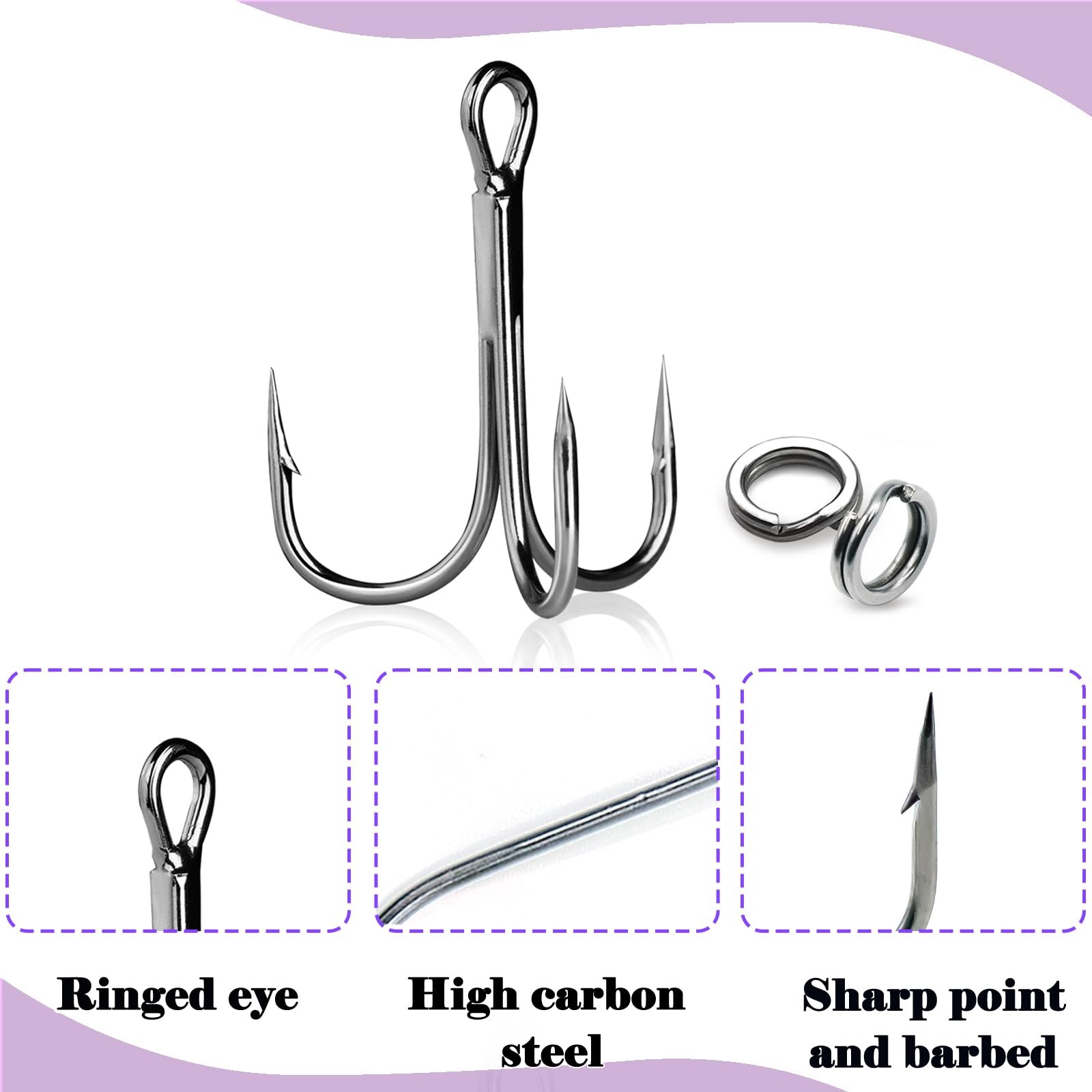 Fishing Treble Hooks & Split Rings Kit 210pcs Mixed Treble Hooks Size 2/4/6/8...