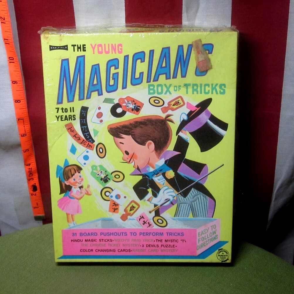 YOUNG MAGICIAN'S BOX OF TRICKS Saalfield Publishing 1967 Hindu Magic Sticks NWT