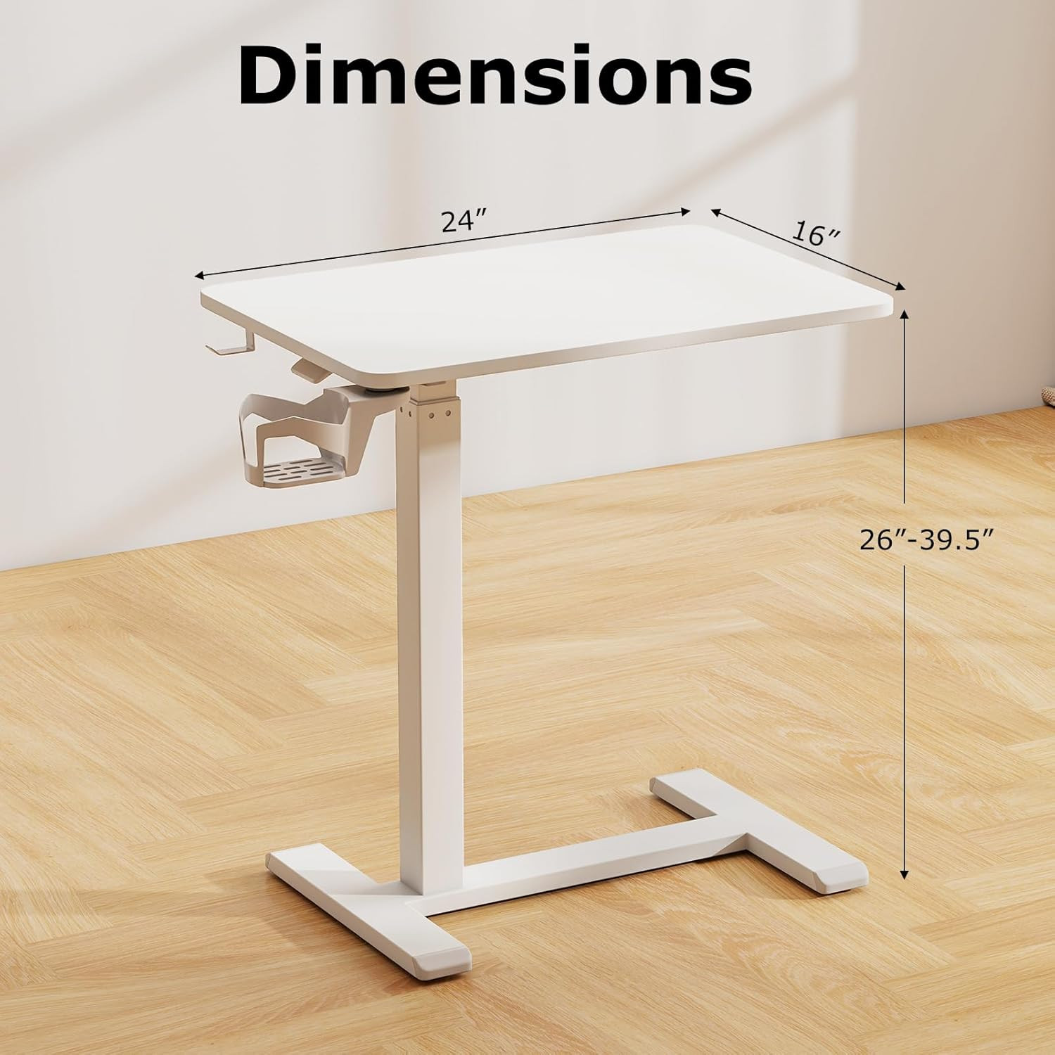 Pneumatic Mobile Standing Desk with Cup Holder & Headphone Hook - White