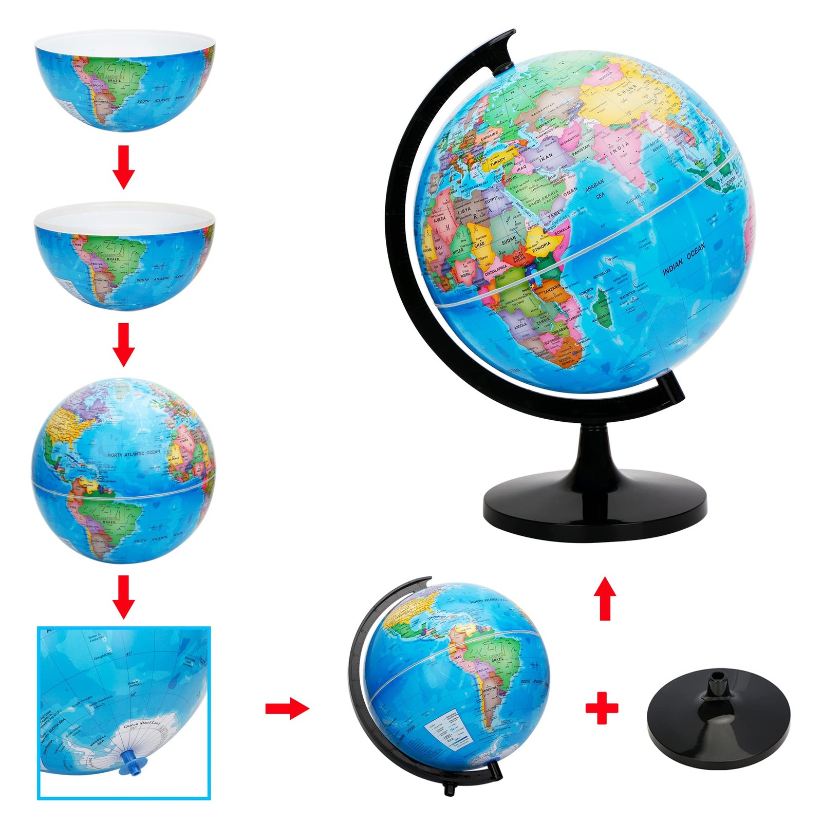 10" World Globe - Political Map Educational- Self Assembled School Globe