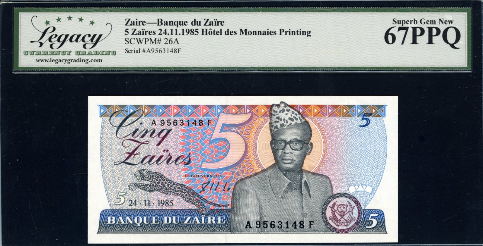 Zaire 1985 5 Zaires Banque du Zaire Note SCWPM-26A Legacy Superb Gem New 67 PPQ