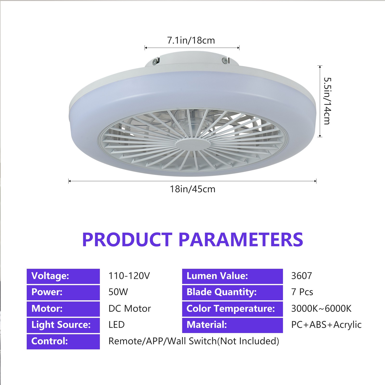 18 in Remote APP Control Smart RGB Ceiling Fan with Light White Flush Mount Kit