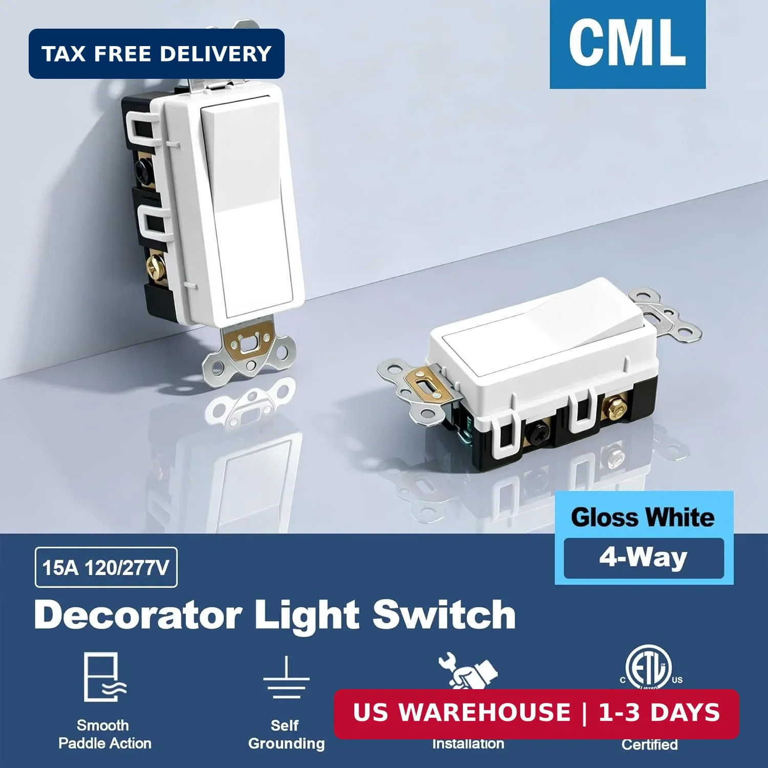 CML 4 Way Decorator Light Switch, 10 Pack Rocker Paddle Wall Switch, 15A 120/277