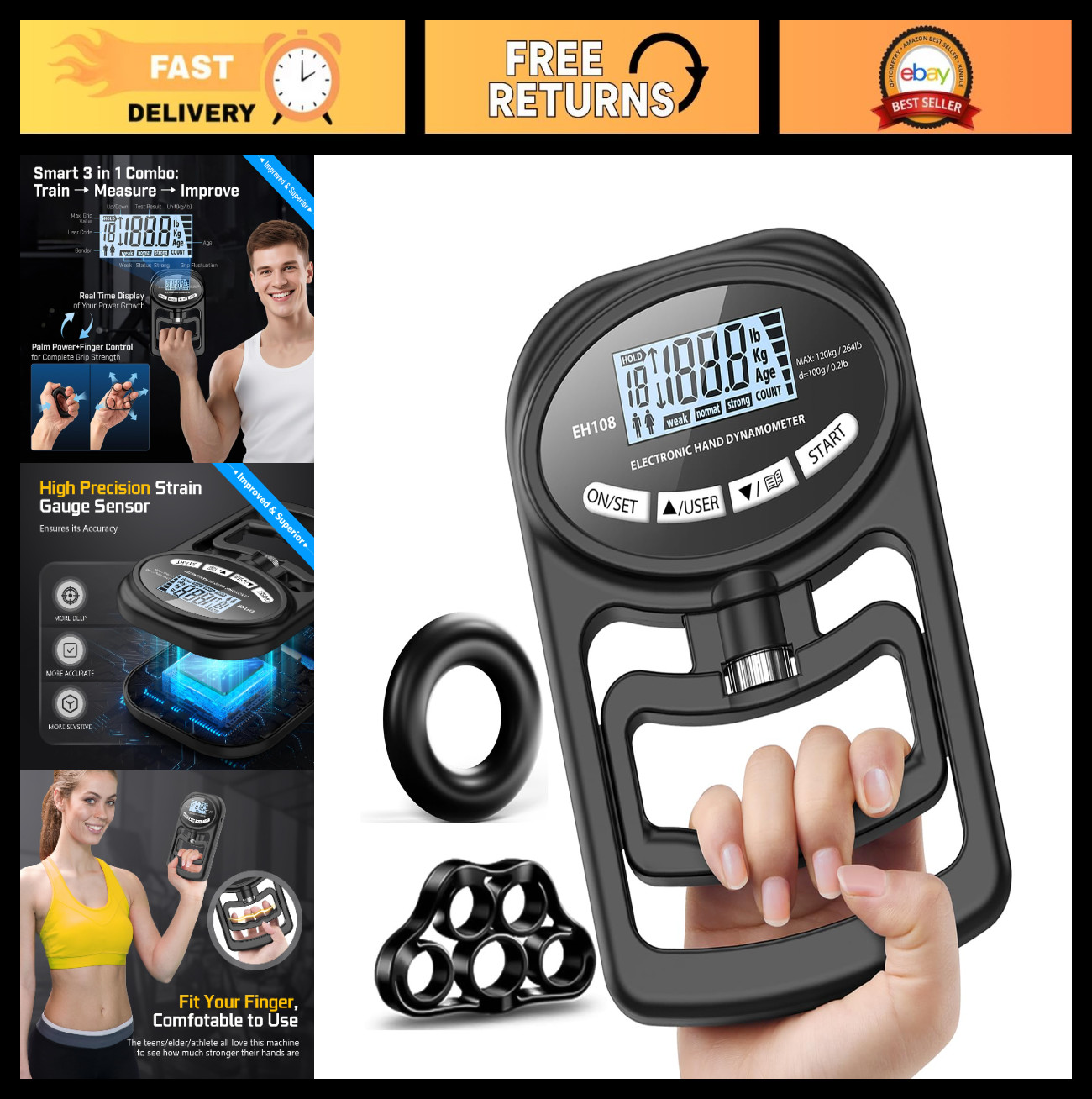 Digital Hand Grip Strength Tester - 265 Lbs Dynamometer for Home, Sports & Schoo