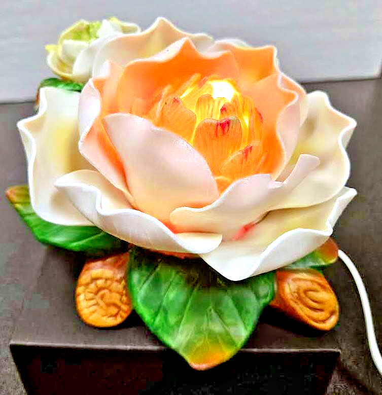 Nightlight Table Decor Floral Lamp Pretty White & Pink Magnolia Flowers Feminine