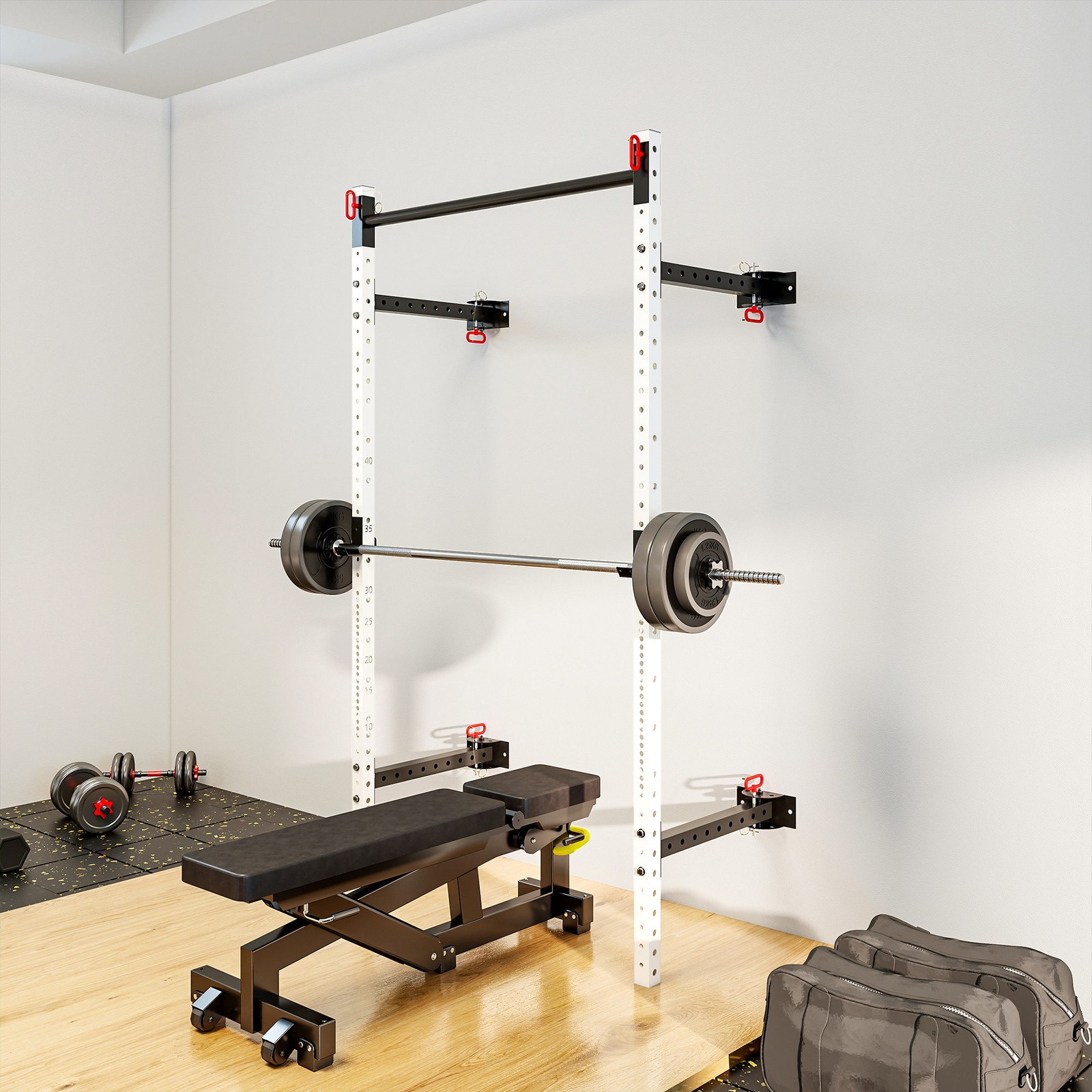Folding Squat Rack with Pull Up Bar, 1000 Pounds Capacity, White