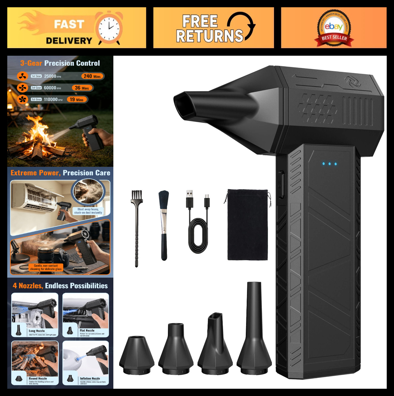 High-Power Cordless Compressed Air Duster - 110,000 RPM, 3-Speed, Rechargeable,
