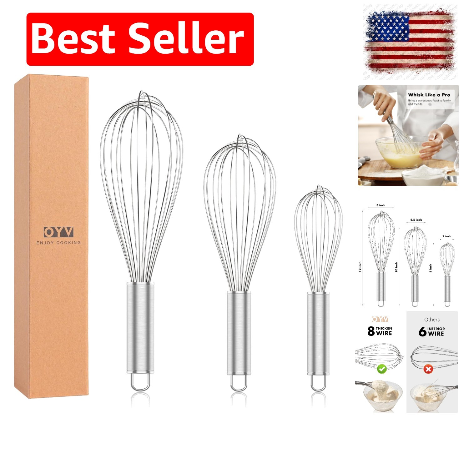 304 Stainless Steel Whisk Set, Dishwasher Safe Rustproof Metal Whisk, Profess...