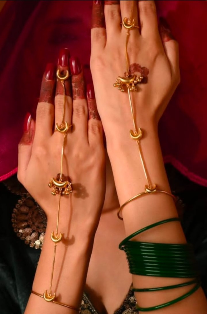 Indian Minimalistic crescent moon ghungroo beads kashmiri  style  Hathphool .