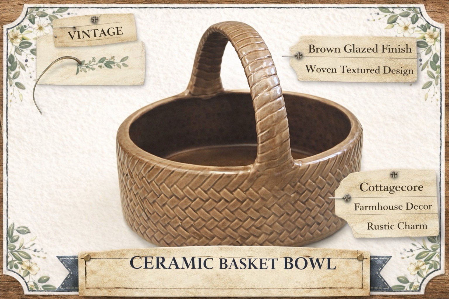 Vintage Brown Woven Look Ceramic Basket Bowl With Handle Rustic Cottage Decor