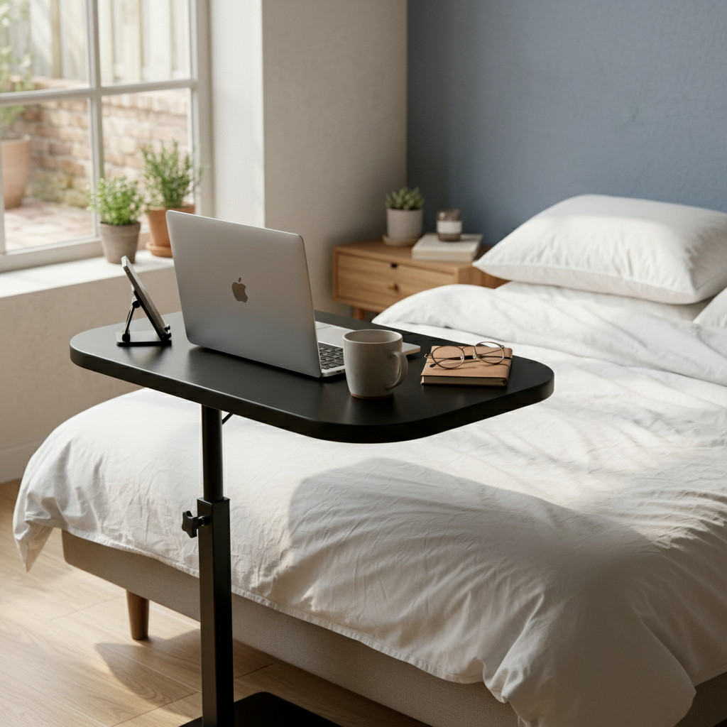 47*32cm Black Height Adjustable Swivel Side Table, C-Shaped Sofa End Table