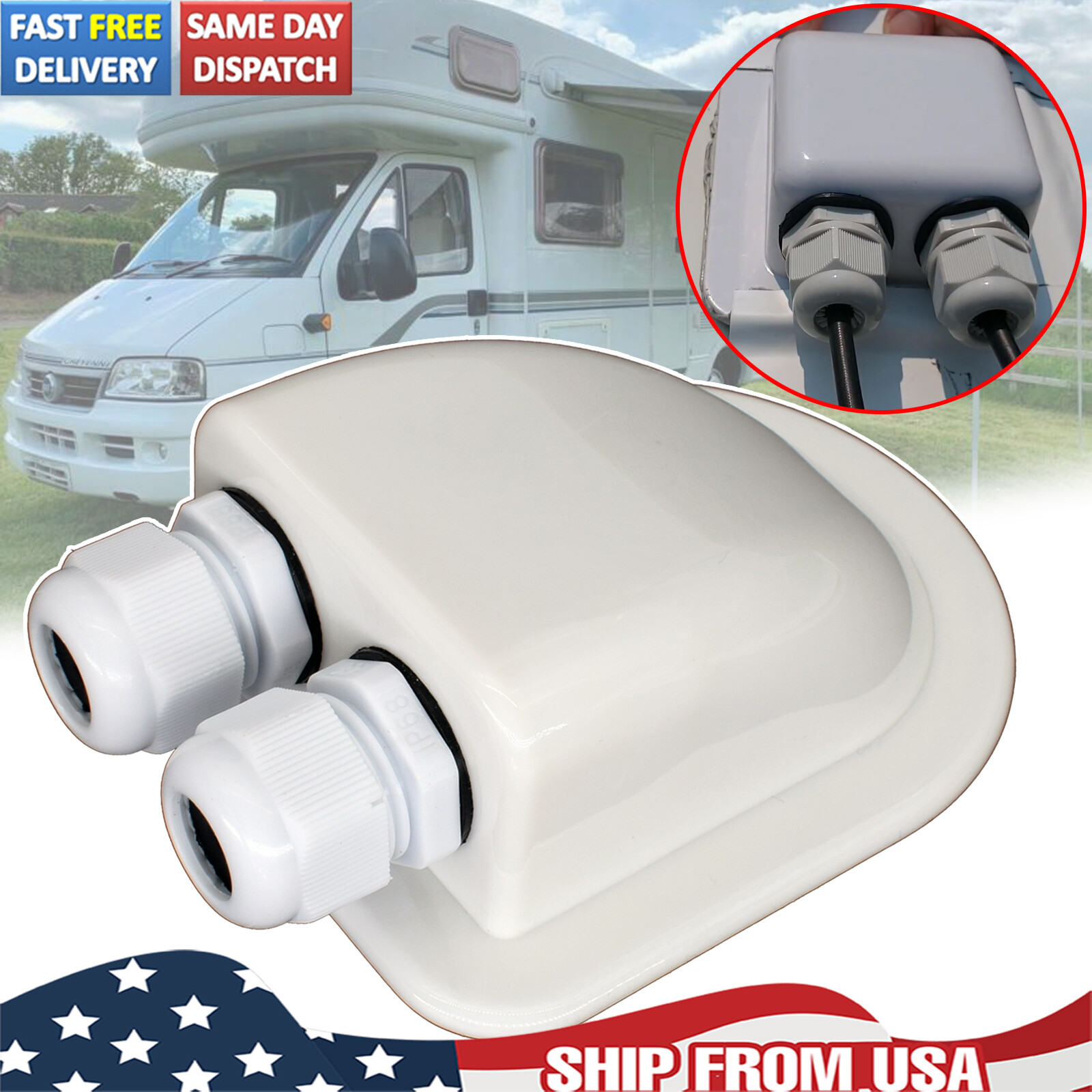 Solar Panel Roof Top Waterproof Double Hole Entry Gland Cable Box For RV Yacht-