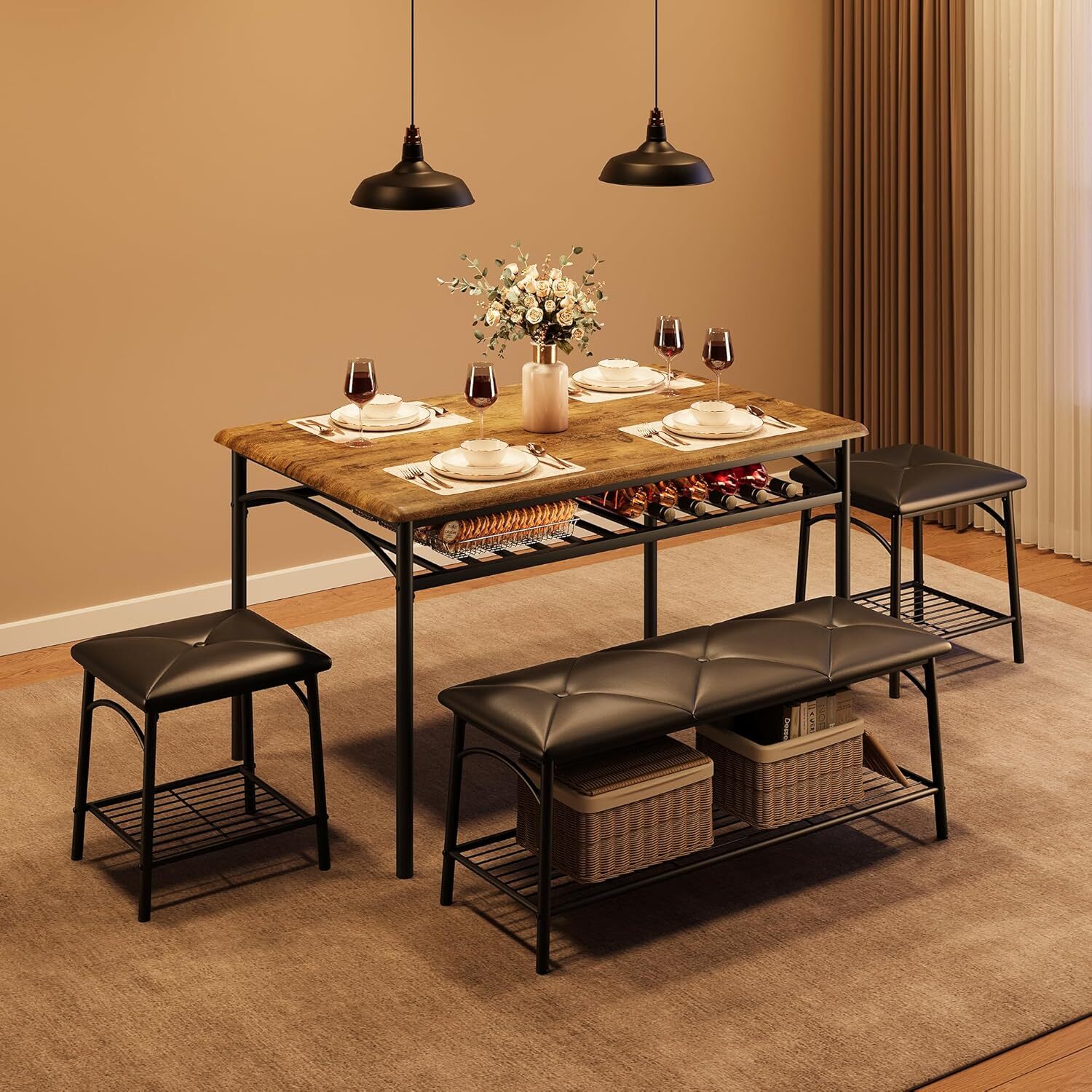 Wooden Dining Table Set for 4 Kitchen Table Set with Bench and Stools & Storage