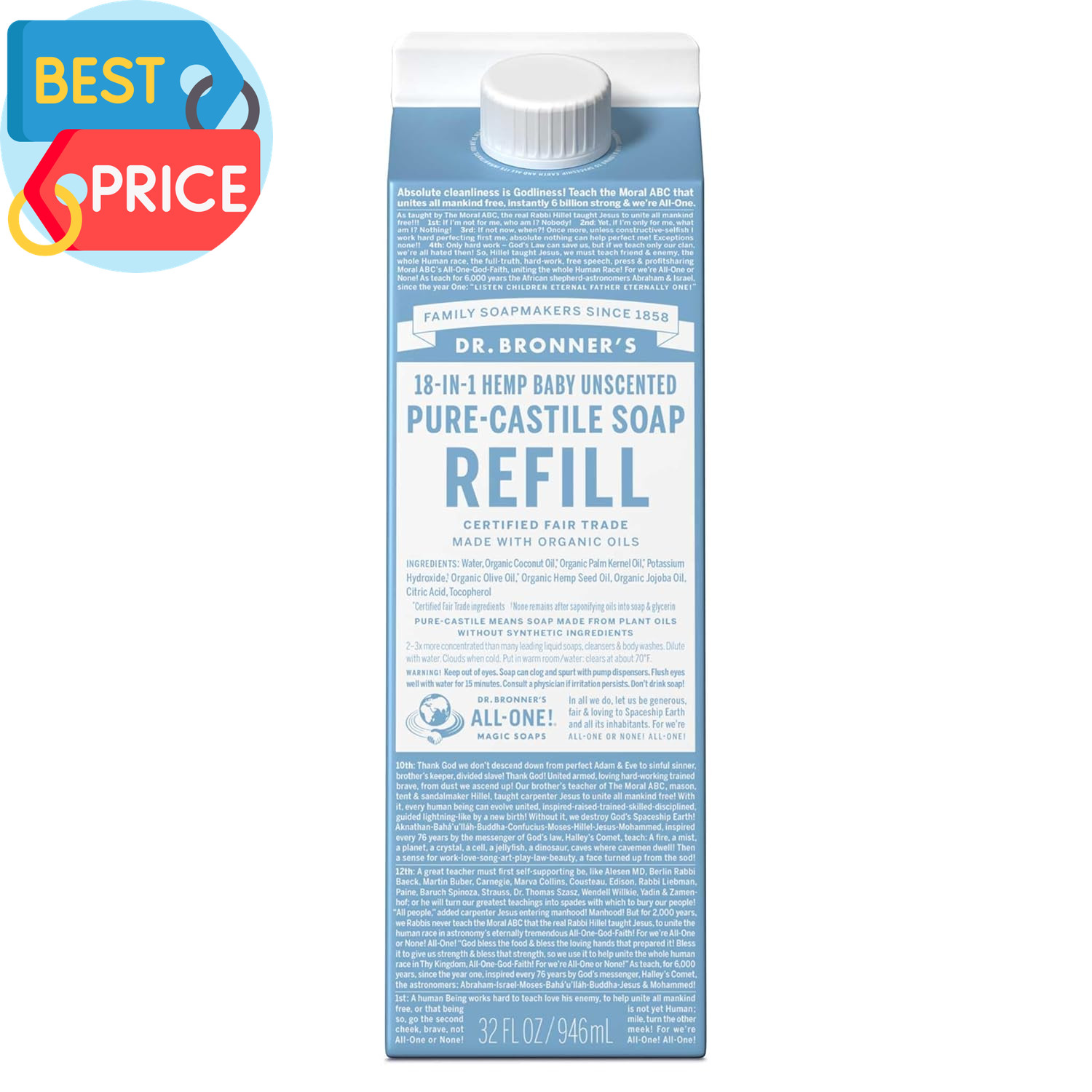 Pure-Castile Liquid Soap Refill - Made with Regenerative Organic Certified Oils,