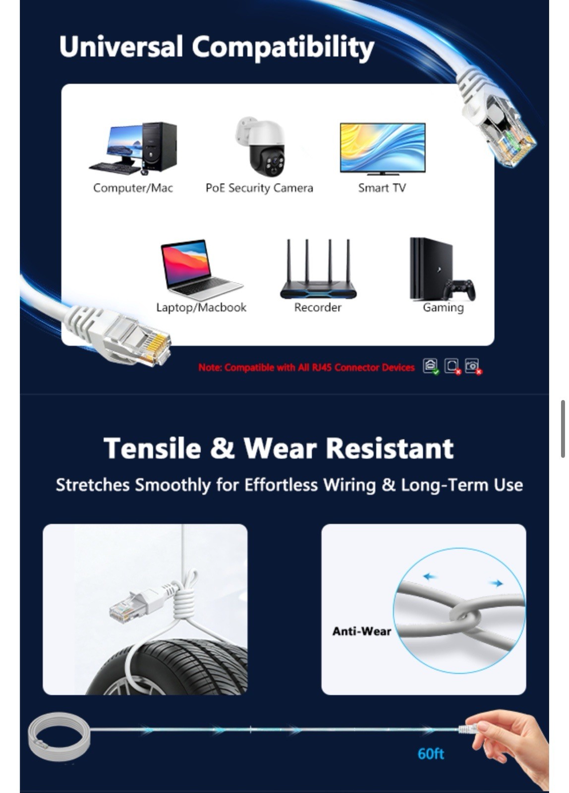 4x 60FT Ethernet Cable for POE Security Camera System Network Surveillance