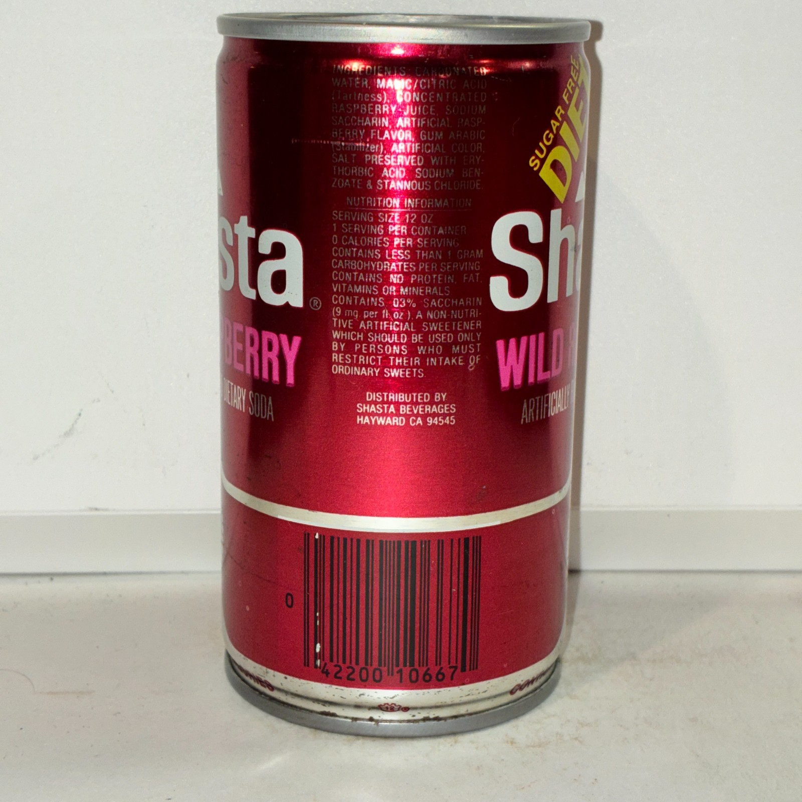 Shasta Diet Wild Raspberry Soda can, crimped steel, bottom opened