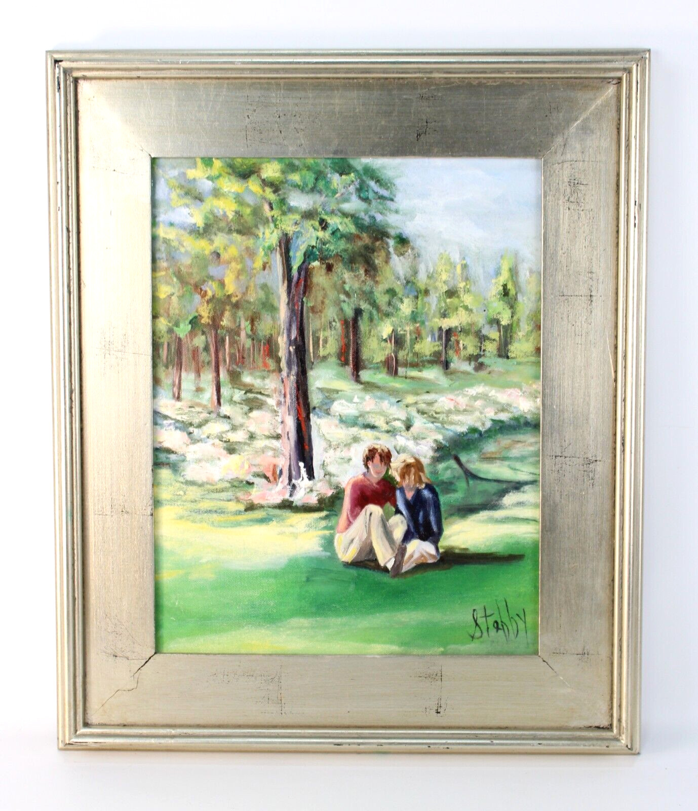 Vintage Couple In The Woods Landscape Oil Painting On Canvas Signed Illegible