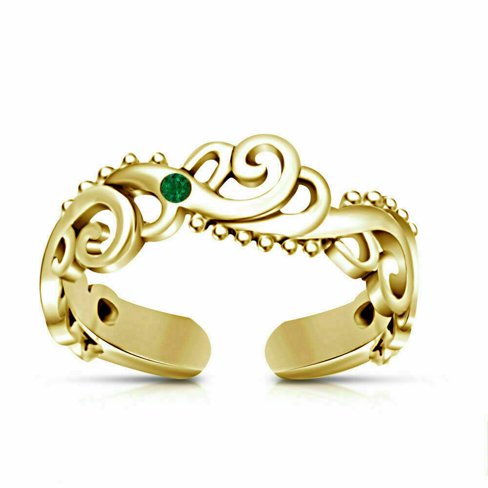 10K Yellow Gold FN Round Lab Created Emerald Wave Toe Ring Adjustable Women's