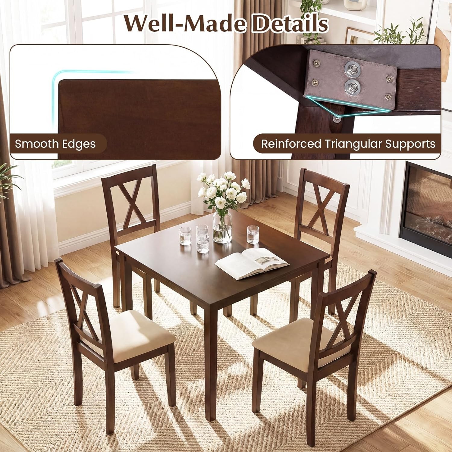 Dining Table for 4, 35.5" Square Kitchen Table with Solid Rubber Wood Legs,