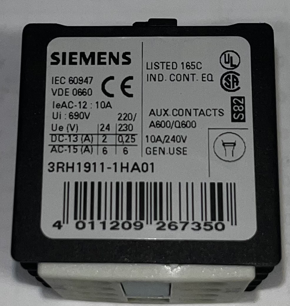 SIEMENS 3RH1911-1HA01 AUX CONTACT BLOCK FRONT MOUNTED 1-N/C NEW OLD STOCK