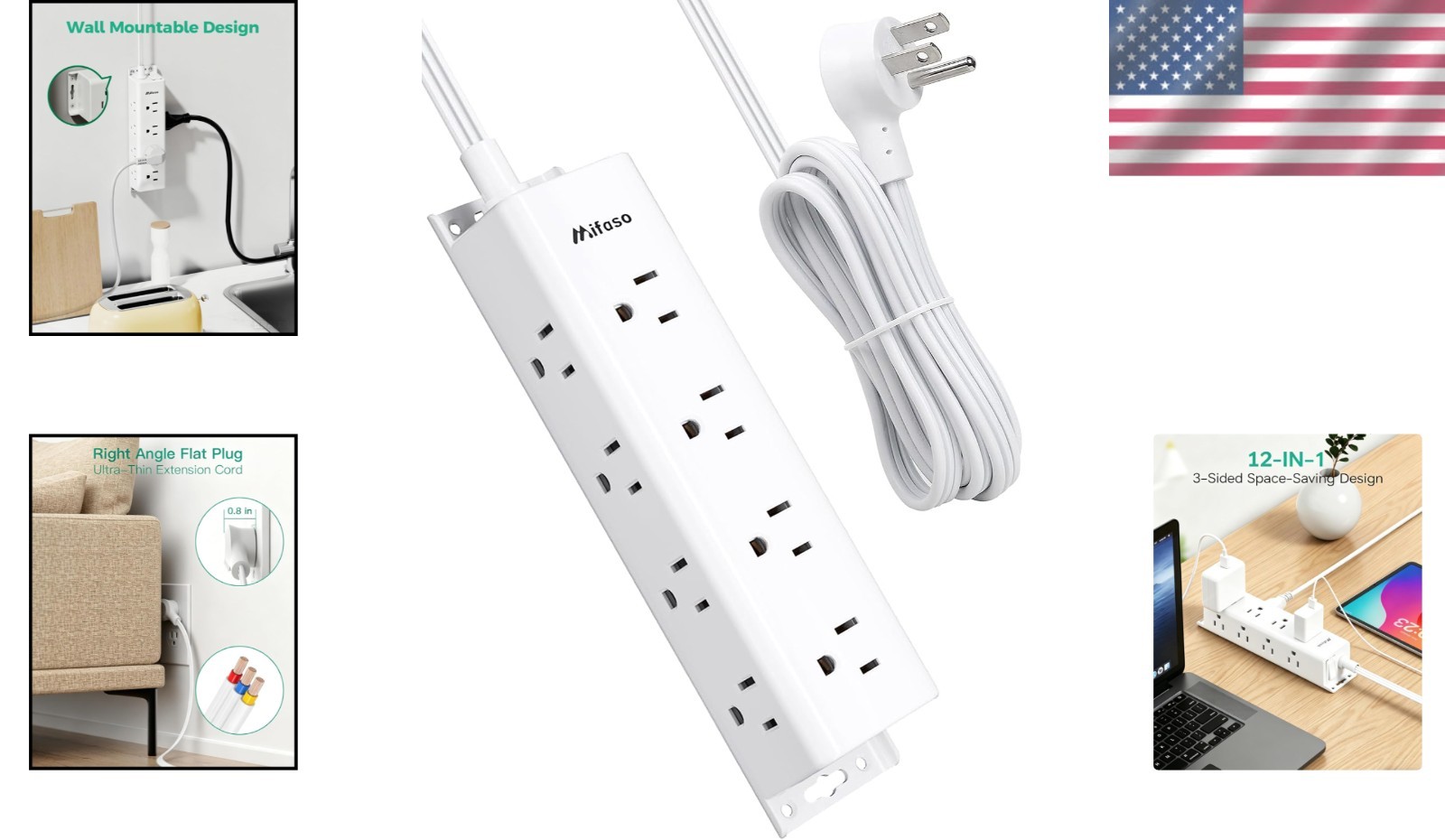 Compact 12-Outlet Surge Protector Power Strip with Flat Plug & Easy Wall Mount