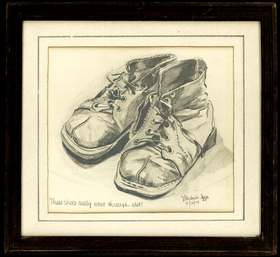VTG 1974 MICHELLE IZZO SCHOLARSHIP ENTRY PENCIL ART DRAWING OF A PAIR OF SHOES