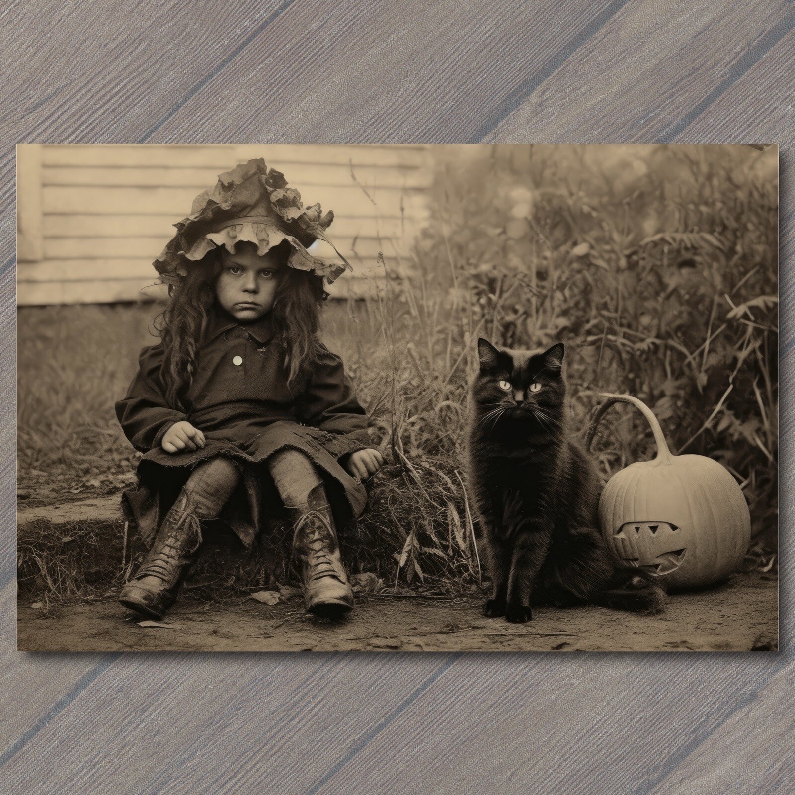 👻 POSTCARD Weird Creepy Vintage Vibe Scary Girl Halloween Pumpkin Cat Unusual