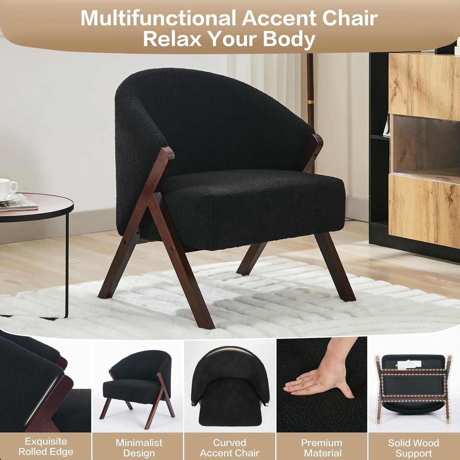 Black Modern Accent Chair with Teddy Velvet, Comfy Upholstered Reading Chair