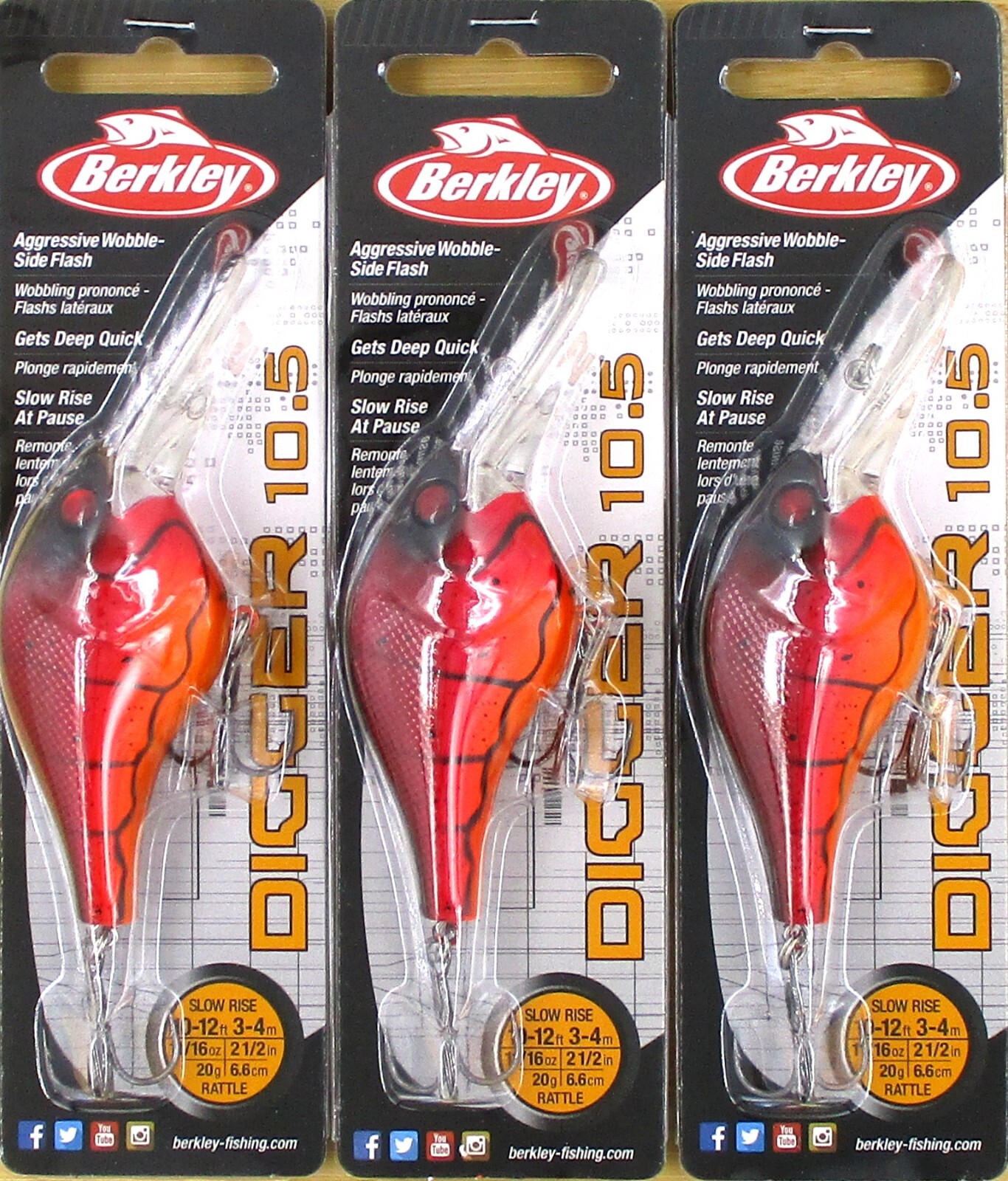 (3) Berkley 11/16 Oz 2 1/2" Digger 10.5 Rattle Crankbaits Special Red Craw New
